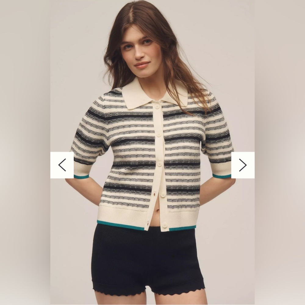 Maeve Kinsley Collared Crop Cardigan Sweater Anthropologie striped black cream S